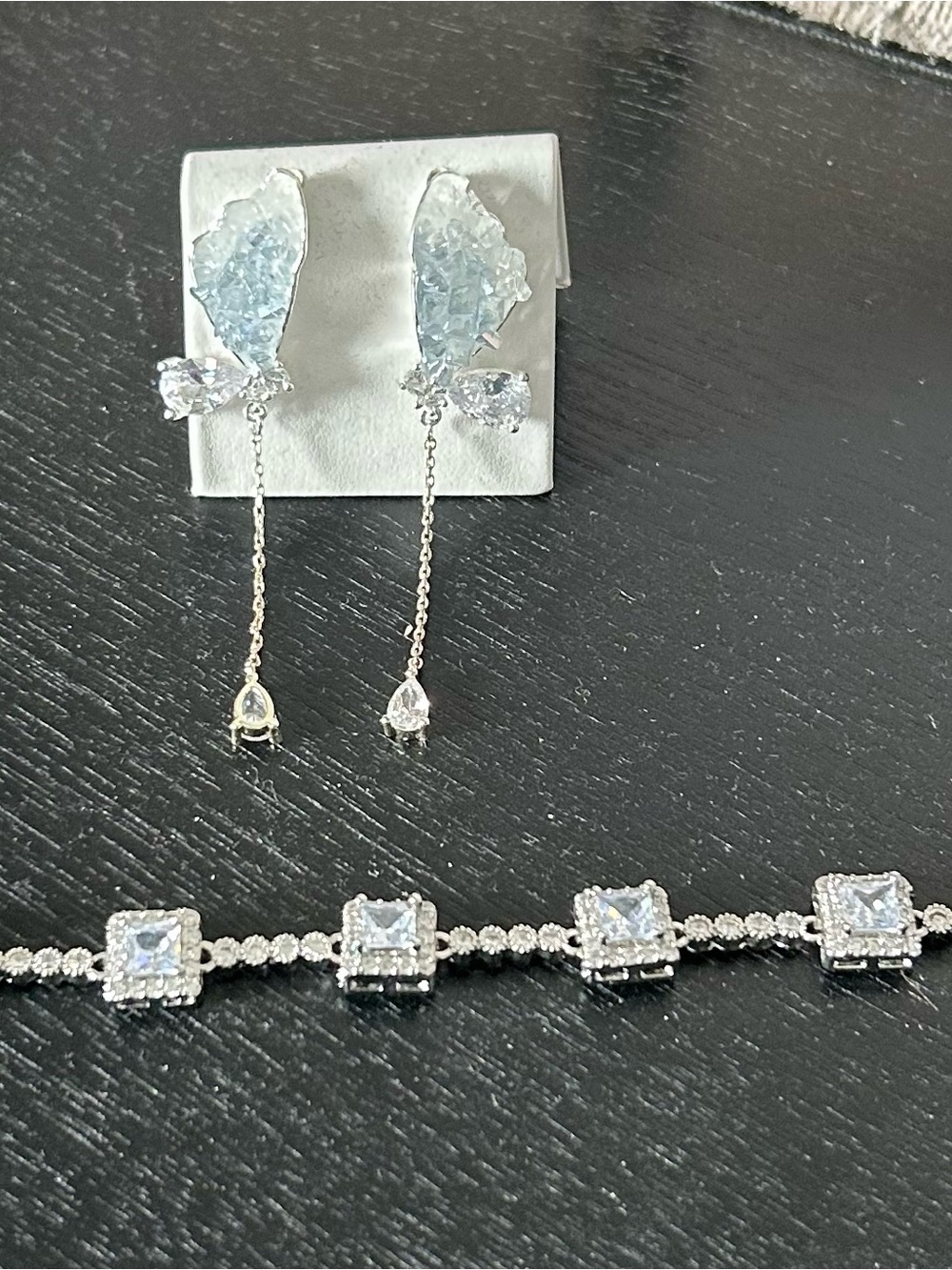 Butterfly Crystal Drop Dangle Earrings in Clear/Powder Blue - CZ Tennis Bracelet